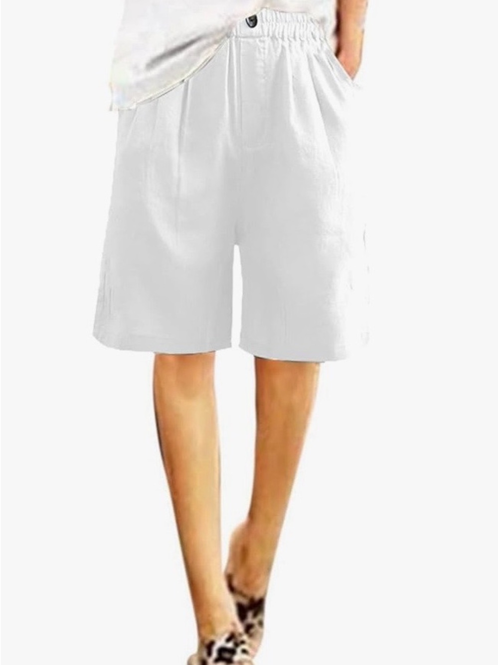 Women's White Elastic Waist Bermuda Shorts